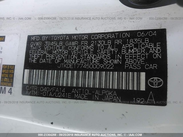 JTKDE177450009022 - 2005 TOYOTA SCION TC 白色 照片 9