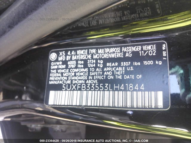 5UXFB33553LH41844 - 2003 BMW X5 4.4I BLACK photo 9