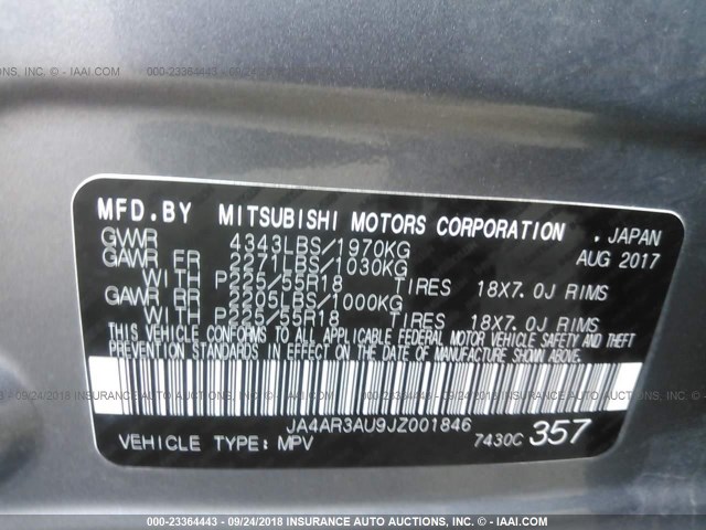 JA4AR3AU9JZ001846 - 2018 MITSUBISHI OUTLANDER SPORT ES/SE GRAY photo 9