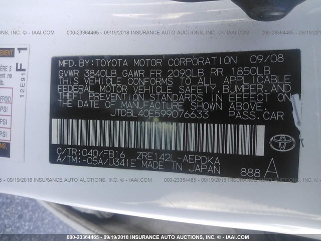 JTDBL40E599076633 - 2009 TOYOTA COROLLA LE/XLE WHITE photo 9