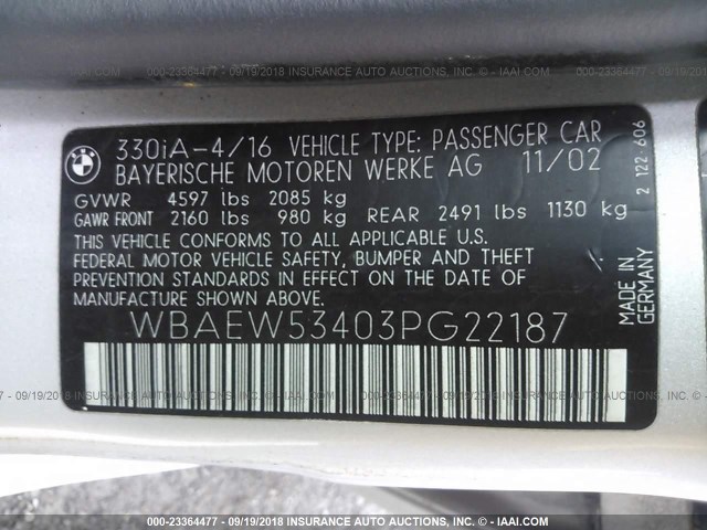 WBAEW53403PG22187 - 2003 BMW 330 XI SILVER photo 9