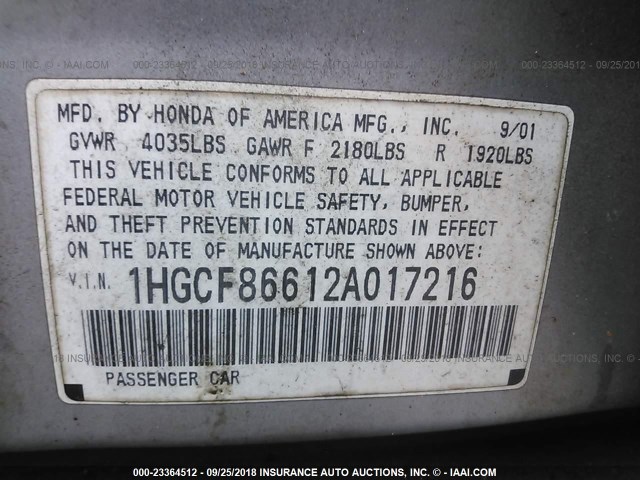 1HGCF86612A017216 - 2002 HONDA ACCORD VALUE SILVER photo 9