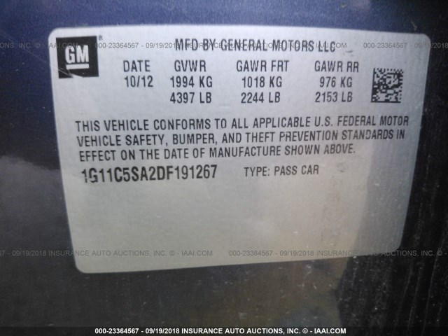 1G11C5SA2DF191267 - 2013 CHEVROLET MALIBU 1LT ლურჯი ფოტო 9