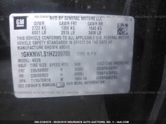 1GKKNWLS1HZ209785 - 2017 GMC ACADIA SLT-2 შავი ფოტო 9