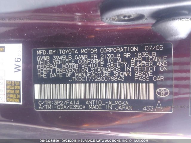JTKDE177260078843 - 2006 TOYOTA SCION TC 红色 照片 9