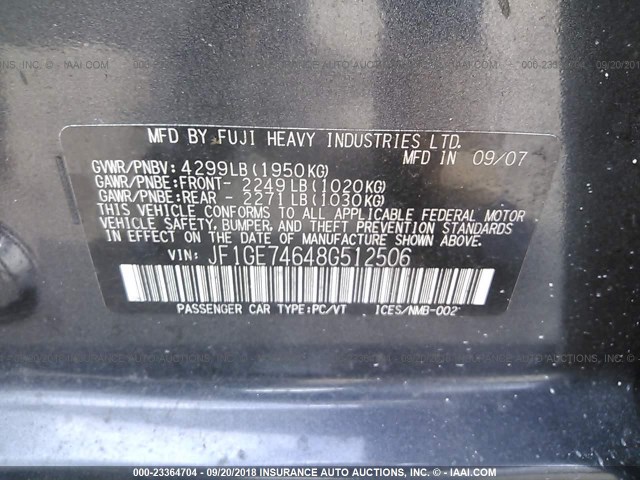 JF1GE74648G512506 - 2008 SUBARU IMPREZA WRX GRAY photo 9