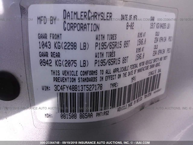 3C4FY48B13T527178 - 2003 CHRYSLER PT CRUISER CLASSIC 银色 照片 9