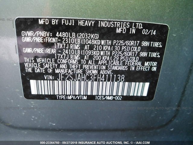 JF2SJAHC3FH411138 - 2015 SUBARU FORESTER 2.5I LIMITED GREEN photo 9