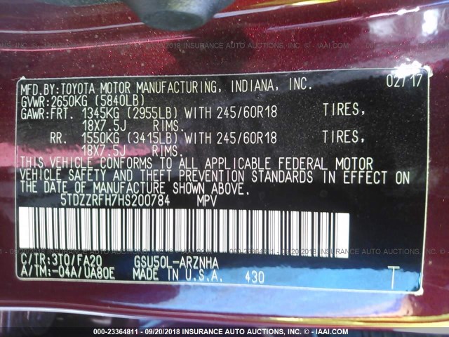 5TDZZRFH7HS200784 - 2017 TOYOTA HIGHLANDER LE/LE PLUS BURGUNDY photo 9