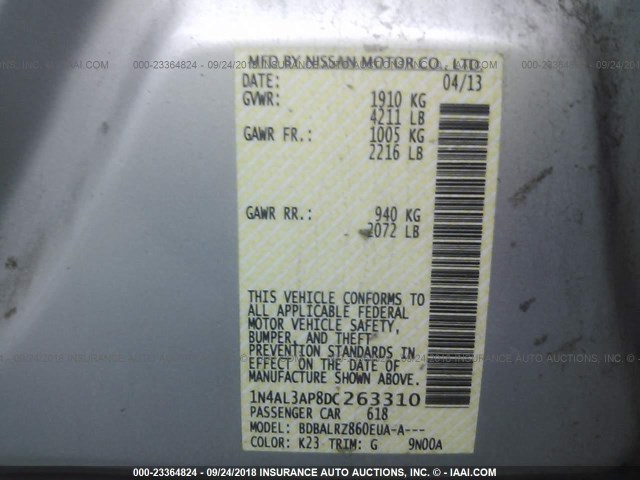 1N4AL3AP8DC263310 - 2013 NISSAN ALTIMA SILVER photo 9