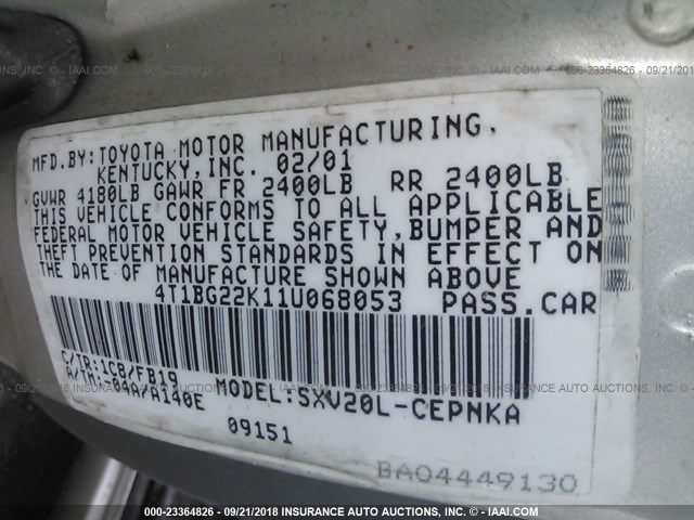 4T1BG22K11U068053 - 2001 TOYOTA CAMRY CE/LE/XLE 银色 照片 9