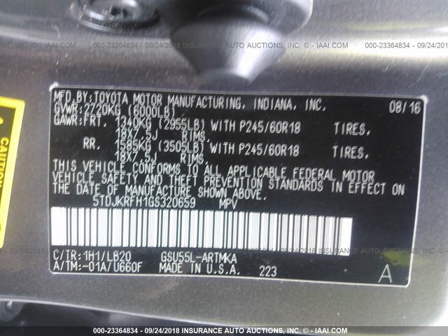 5TDJKRFH1GS320659 - 2016 TOYOTA HIGHLANDER XLE ნაცრისფერი ფოტო 9