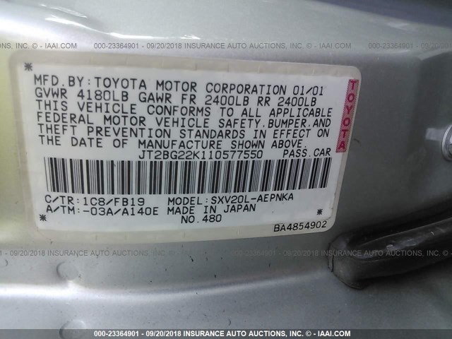 JT2BG22K110577550 - 2001 TOYOTA CAMRY CE/LE/XLE 银色 照片 9