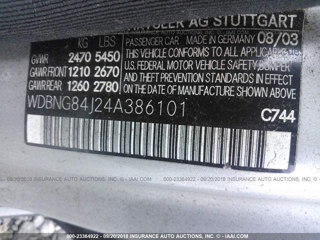 WDBNG84J24A386101 - 2004 MERCEDES-BENZ S 500 4MATIC SILVER photo 9