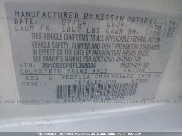 3N1CE2CP0FL368034 - 2015 NISSAN VERSA NOTE S/S PLUS/SV/SL/SR SILVER photo 9