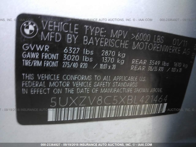 5UXZV8C5XBL421464 - 2011 BMW X5 XDRIVE50I Сріблястий фото 9