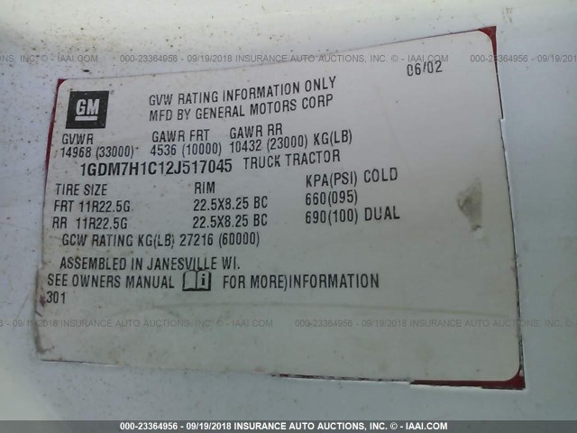 1GDM7H1C12J517045 - 2002 GMC C-SERIES C7H042 WHITE photo 10