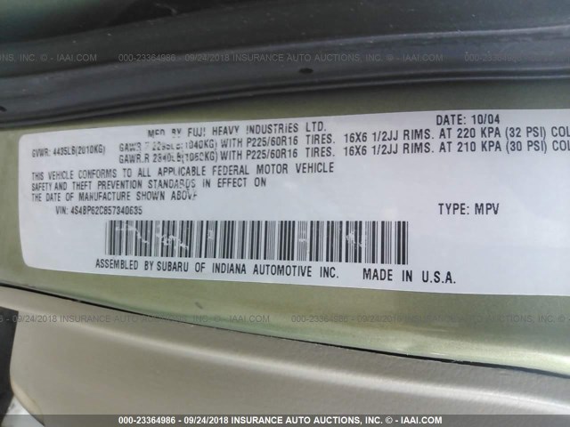 4S4BP62C857340635 - 2005 SUBARU LEGACY OUTBACK 2.5I LIMITED GREEN photo 9