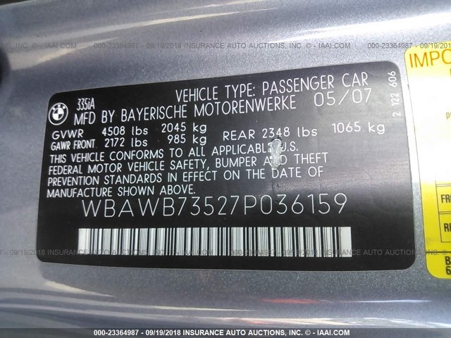 WBAWB73527P036159 - 2007 BMW 335 I GRAY photo 9