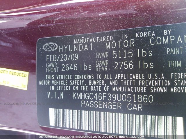 KMHGC46F39U051860 - 2009 HYUNDAI GENESIS 4.6L BURGUNDY photo 9