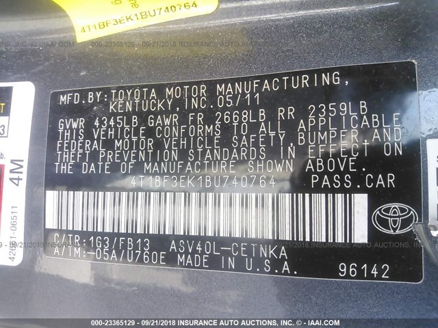 4T1BF3EK1BU740764 - 2011 TOYOTA CAMRY SE/LE/XLE ნაცრისფერი ფოტო 9