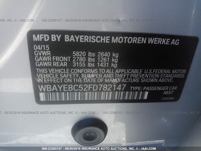 WBAYE8C52FD782147 - 2015 BMW 750 LI SILVER photo 9
