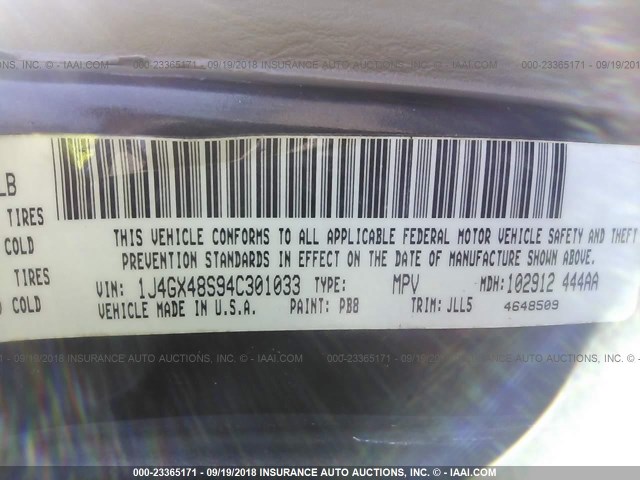 1J4GX48S94C301033 - 2004 JEEP GRAND CHEROKEE LAREDO/COLUMBIA/FREEDOM 深蓝色 照片 9