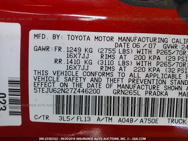 5TEJU62N27Z446200 - 2007 TOYOTA TACOMA DOUBLE CAB PRERUNNER RED photo 9