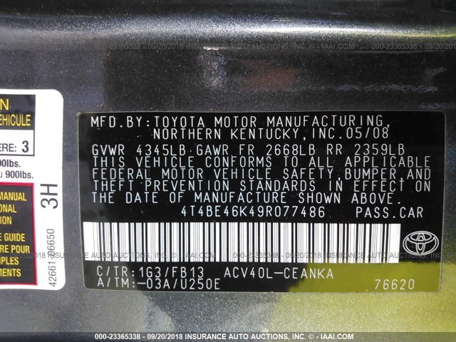 4T4BE46K49R077486 - 2009 TOYOTA CAMRY SE/LE/XLE ნაცრისფერი ფოტო 9