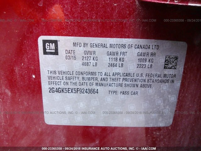 2G4GK5EX5F9243664 - 2015 BUICK REGAL 栗色 照片 9