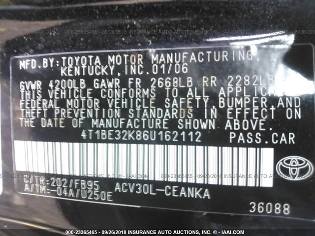 4T1BE32K86U162112 - 2006 TOYOTA CAMRY LE/XLE/SE BLACK photo 9
