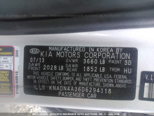 KNADN4A36D6294118 - 2013 KIA RIO EX/SX SILVER photo 9