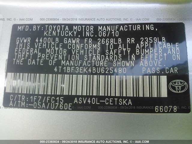 4T1BF3EK4BU625480 - 2011 TOYOTA CAMRY SE/LE/XLE 银色 照片 9