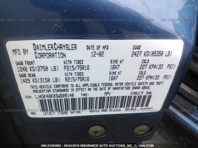 1J4GK48K03W609140 - 2003 JEEP LIBERTY SPORT/FREEDOM ლურჯი ფოტო 9