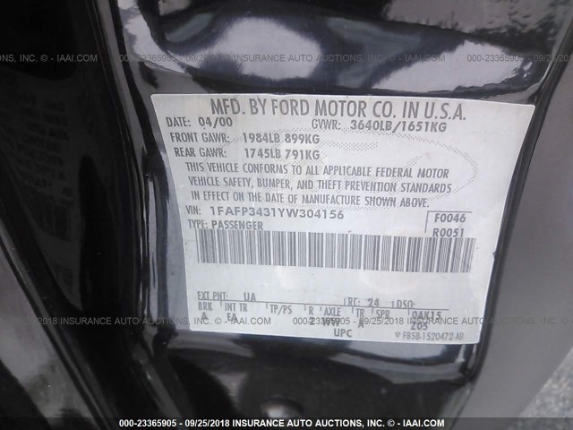 1FAFP3431YW304156 - 2000 FORD FOCUS SE/SE SPORT BLACK photo 9