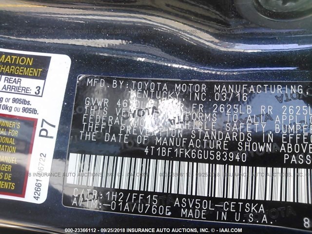 4T1BF1FK6GU583940 - 2016 TOYOTA CAMRY LE/XLE/SE/XSE BLACK photo 9