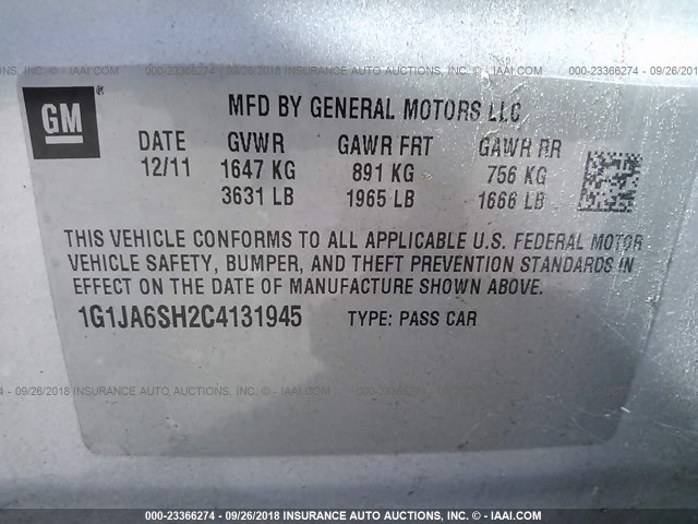 1G1JA6SH2C4131945 - 2012 CHEVROLET SONIC LS SILVER photo 9