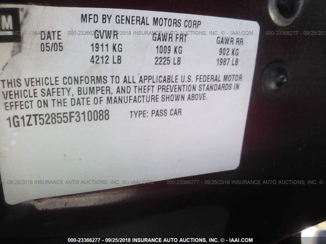 1G1ZT52855F310088 - 2005 CHEVROLET MALIBU LS ბურგუნდია ფოტო 9