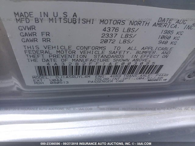 4A32B2FF1AE003095 - 2010 MITSUBISHI GALANT FE SILVER photo 9