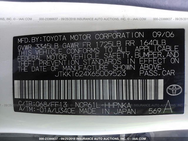 JTKKT624X65009523 - 2006 TOYOTA SCION XA WHITE photo 9