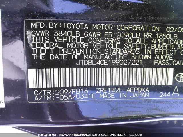 JTDBL40E199027221 - 2009 TOYOTA COROLLA LE/XLE BLACK photo 9