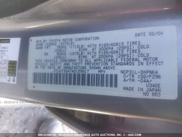 JTLKT324740159917 - 2004 TOYOTA SCION XB Plata foto 9