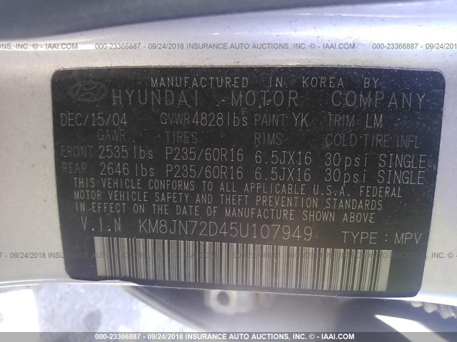 KM8JN72D45U107949 - 2005 HYUNDAI TUCSON GLS/LX SILVER photo 9