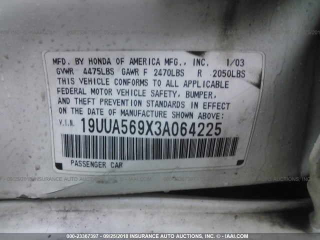 19UUA569X3A064225 - 2003 ACURA 3.2TL TYPE-S WHITE photo 9