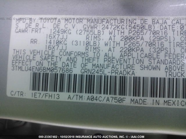 3TMLU4EN6BM057686 - 2011 TOYOTA TACOMA DOUBLE CAB 银色 照片 9