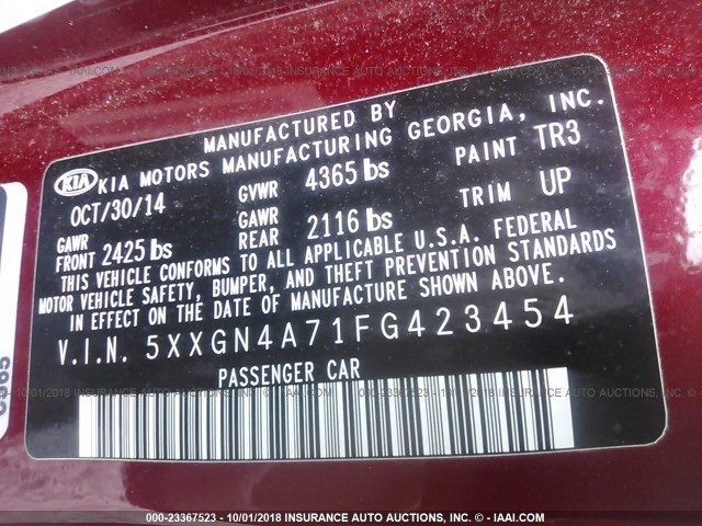 5XXGN4A71FG423454 - 2015 KIA OPTIMA RED photo 9