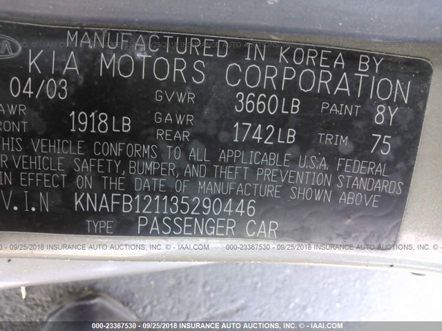 KNAFB121135290446 - 2003 KIA SPECTRA LS Champagne photo 9