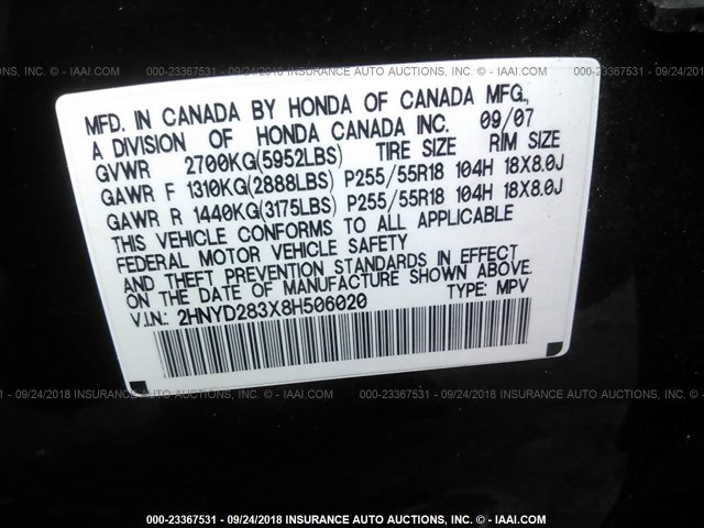 2HNYD283X8H506020 - 2008 ACURA MDX TECHNOLOGY BLACK photo 9