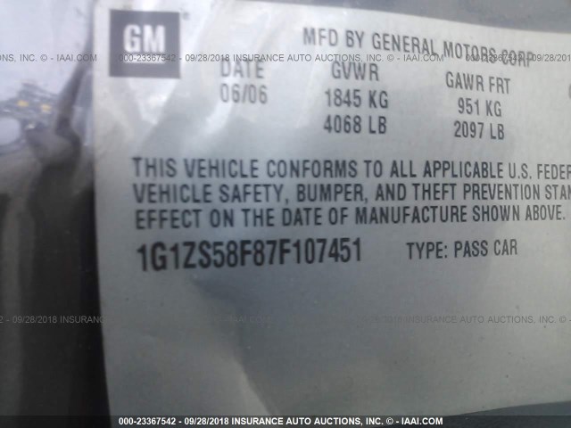 1G1ZS58F87F107451 - 2007 CHEVROLET MALIBU LS Boz foto 9