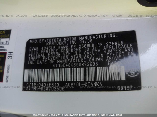 4T1BE46K59U823695 - 2009 TOYOTA CAMRY SE/LE/XLE 白色 照片 9